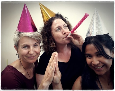 Monica, Abby and Arni celebrating registration opening for CitSciNZ2018